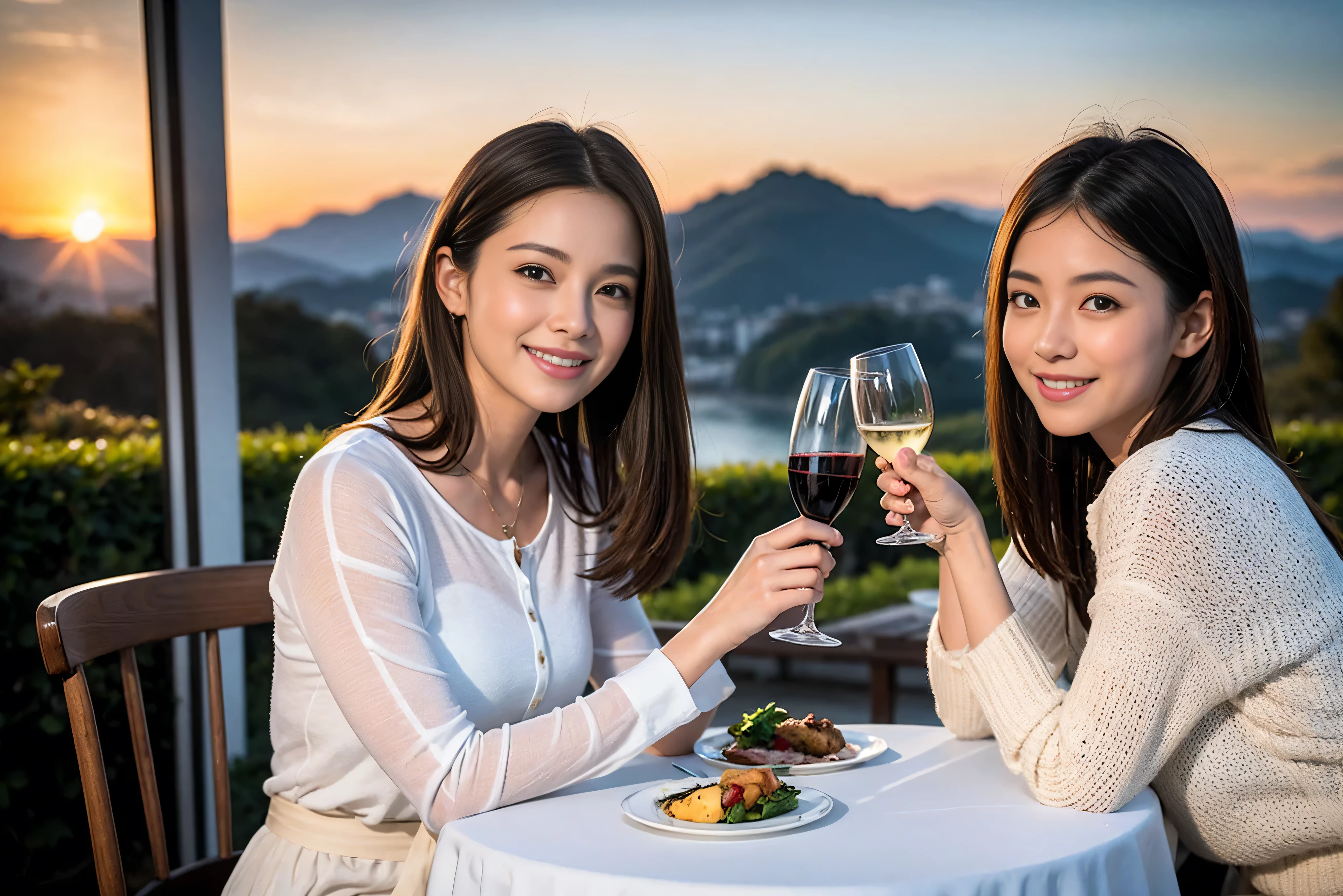 ((highest quality、8k、masterpiece:1.3))、1 male 1 female、A lover who resembles Satomi Ishihara、Beautiful couple、smile、full-course dinner、 (Slim face), (the body is スリム), (Brown Hair), (Shortcuts), ((Bob Hale、Straight hair:1.2)), Wine glass on the table、Please shine a light on my face、 Amazing view of the sunset sky and clouds、Amazing mountain views、The beauty of a smile、Bright image、Blushing, Shortcuts,Bright Face、 (42 years old), 39 years old, red wine 、Appetizers、Italian food、Wine bottle、Champagne、sparkling wine、Long sleeve shirt、dress、Attractive beauty、restaurant, Nova Frog Style, actress, model, Upper Body, White wine, red wine, wine glass, 