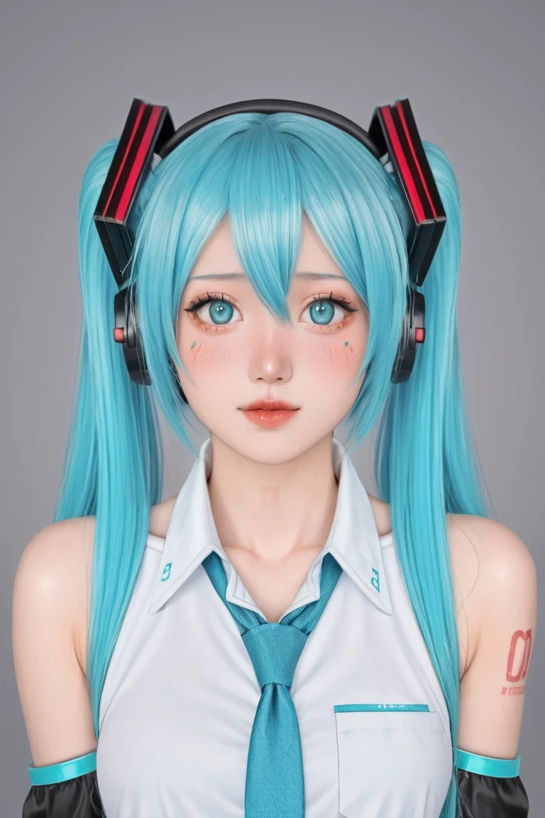 sky, 1girl, aqua eyes, aqua hair, aqua nails, aqua necktie, bare shoulders, black sleeves, blue nails, blush, detached sleeves, fingers together, flying sweatdrops, gradient, gradient background, grey background, hair ornament, hatsune miku, headphones, headset, long hair, looking at viewer, nail polish, necktie, nervous, number tattoo, shirt, shoulder tattoo, sleeveless, solo, tattoo, twintails, upper body, very long hair,