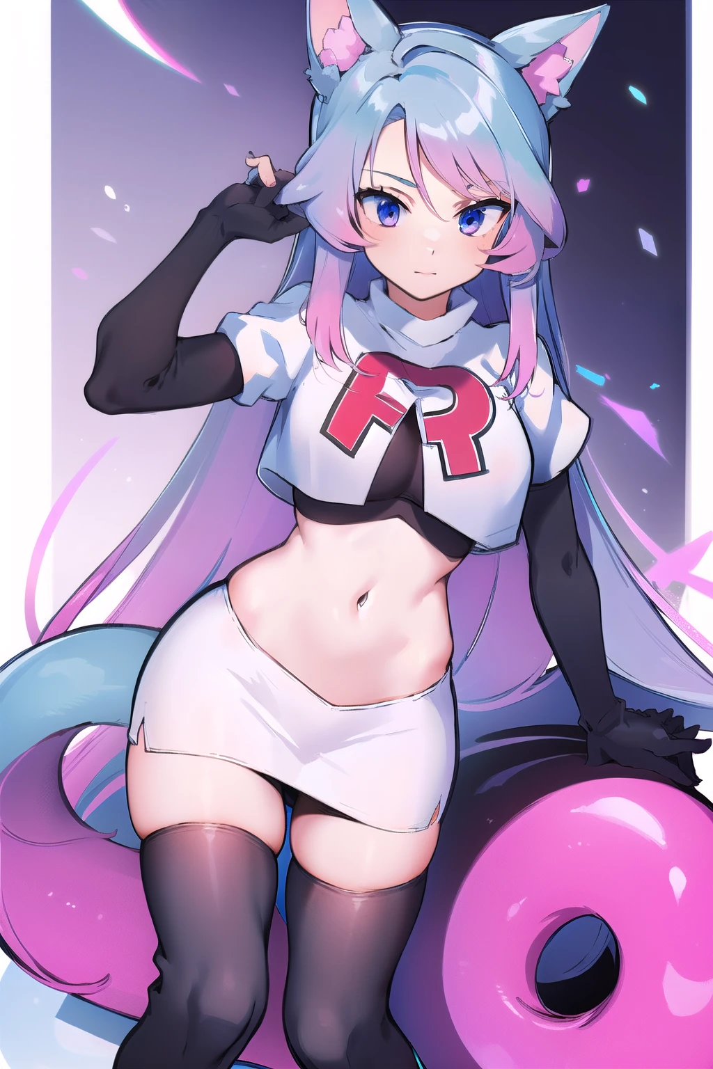 pixel-Silvervale 1girl, team rocket,team rocket uniform,white skirt,red letter R,crop top,black thigh-highs,black elbow gloves, masterpiece, best quality