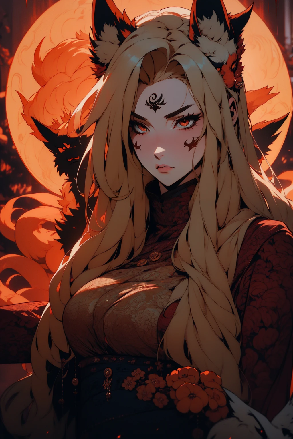 REALISTIC VISION 1.4, BETTER VAE,sharp focus, ultra detail, 32k,realistic photo, intricate details, kitsune, blond hair, (blond hair), gold eyes, intricate details ,woman, nine tails, intricate details,intricate details,big , Voluptuous body, intricate details, Miko, clothes long white dress with red details intricate details, tattoos intricate details, full body, with a orange nine tails fox , kiuubi (kurama, naruto), angry face,