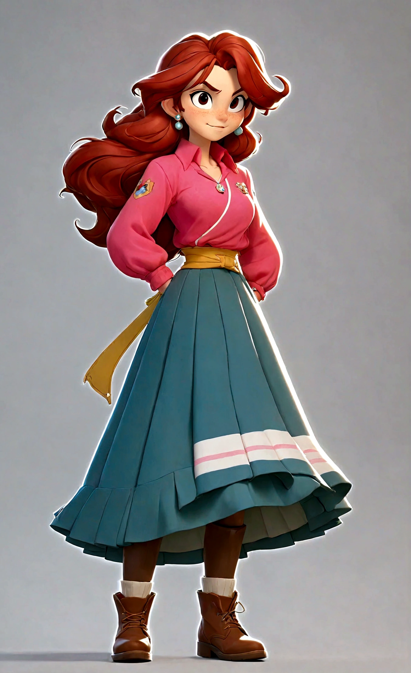 1girl, solo, long hair, breasts, looking at viewer, smile, skirt, simple background, brown hair, shirt, long sleeves, white background, jewelry, standing, full body, earrings, boots, blue skirt, brown footwear, arms behind back, pink shirt, long skirt