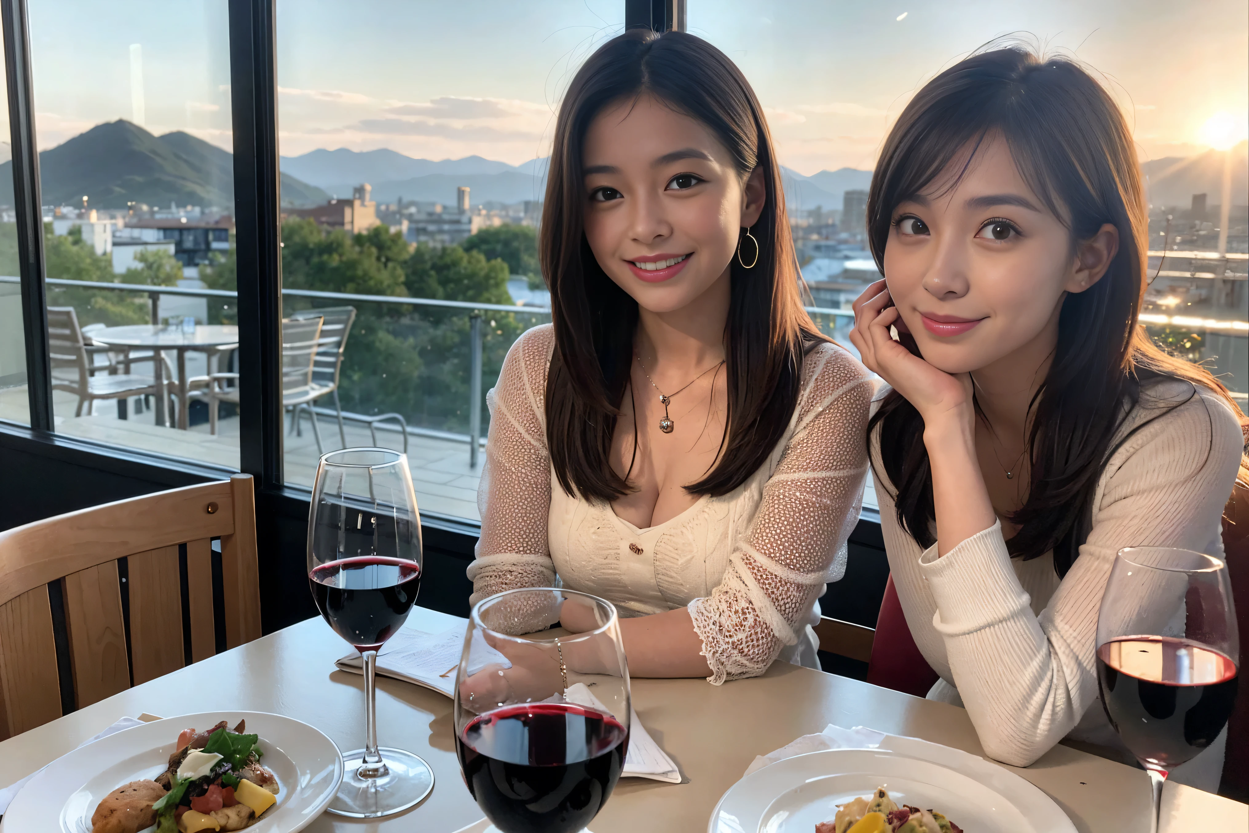 ((highest quality、8k、masterpiece:1.3))、1 male 1 female、A lover who resembles Satomi Ishihara、Beautiful couple、smile、full-course dinner、 (Slim face), (the body is スリム), (Brown Hair), (Shortcuts), ((Bob Hale、Straight hair:1.2)), Wine glass on the table、Please shine a light on my face、 Amazing view of the sunset sky and clouds、Amazing mountain views、The beauty of a smile、Bright image、Blushing, Shortcuts,Bright Face、 (42 years old), 39 years old, red wine 、Appetizers、Italian food、Wine bottle、Champagne、sparkling wine、Long sleeve shirt、dress、Attractive beauty、restaurant, Nova Frog Style, actress, model, Upper Body, White wine, red wine, wine glass,