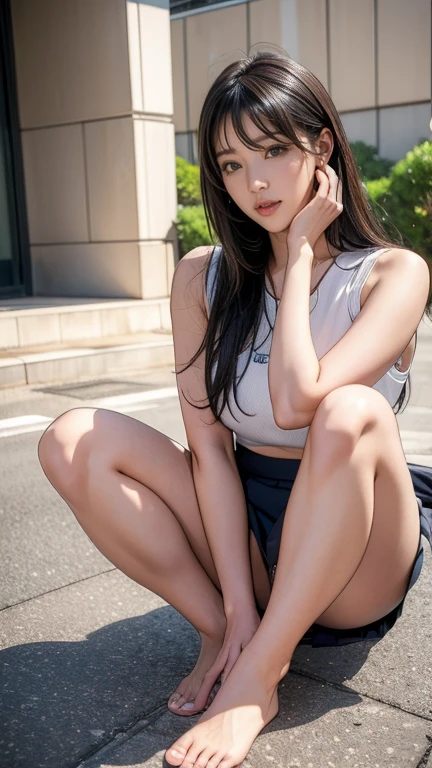 Photo shoot by a professional photographer、Arabian Asian woman sitting on the ground with hands on her face, Cute school girl, A hyper-realistic , Realistic young gravure idol, Hyper realistic , A young and cute gravure idol, Young Sensual Gravure Idol, High school girl posing, Young Gravure Idol, Realistic, of a youthful Japanese girl, Japanese Girls, masterpiece, anatomically correct, textured skin, high details, best quality, 16k