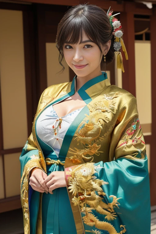 ((((masterpiece, highest quality, High resolution)))), Extremely detailed 8K, スリムな体を持つsexyな美しい日本の十代の女の子, (Ultra HD, Super detailed, Very detailed, Very realistic, Ultra-realistic, Photo Real), (One girl:1.5), Blonde Hair, Like a short bob cut, (Dynamic pose), To the camera, A light smile, (Huge breasts: 1.2), (Beautifully detailed face, Beautiful fine details), Anatomically correct hand structure, Anatomically correct finger structure,(長くてsexyな光沢のあるシルクのシースルーの日本の巫女の衣装,Golden dragon embroidery:1.5), (The front buttons of the Japanese shrine maiden&#39;s outfit are not fastened.、The chest area is wide open:1.5), shine, Sweat, (Light of the sun, sunlight),(topless), sexyな長い脚, naked,Exposed breasts,sexy, Blushing,Looking up at the sky, (Wide々The royal gardens:1.2), Ultra-realisticなWide大な風景, photogenic scenery, spotlight on face、Camel Toe、Giant tit、Nipple Puffs、Cleavage、Plump、Super big breasts、Super big butt、Bubble butt