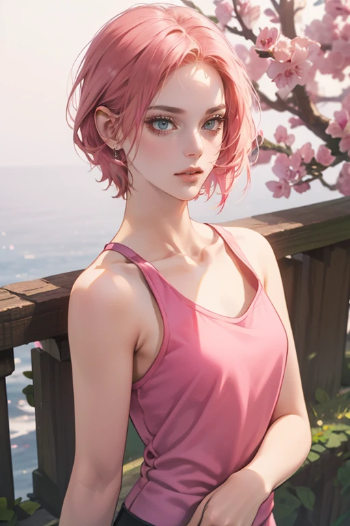 young woman, short shoulder-length pink hair, wide forehead, porcelain skin, pink eyebrows, big emerald green eyes, buttoned nose, full lips, heart-shaped face, slender body, small breasts, red tank top, Sakura Haruno , realistic, realism, details, 3d, well detailed
