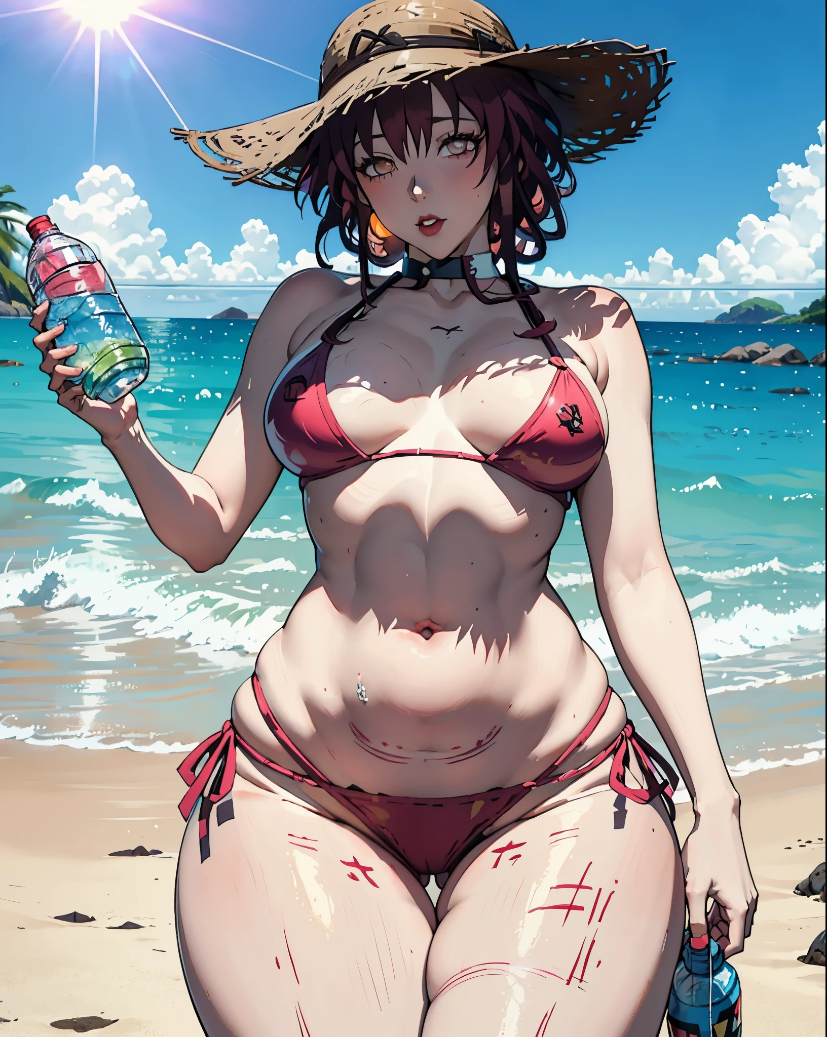 Hinata Hyuga in a bikini and hat holding a water bottle, corpo grosso, in a bikini, full body shot in bikini, body curvy, bikini model, pele latina, jovem brasileira, beautiful thick female, ela tem uma barriga Fitness, belas curvas, Tiny bikini