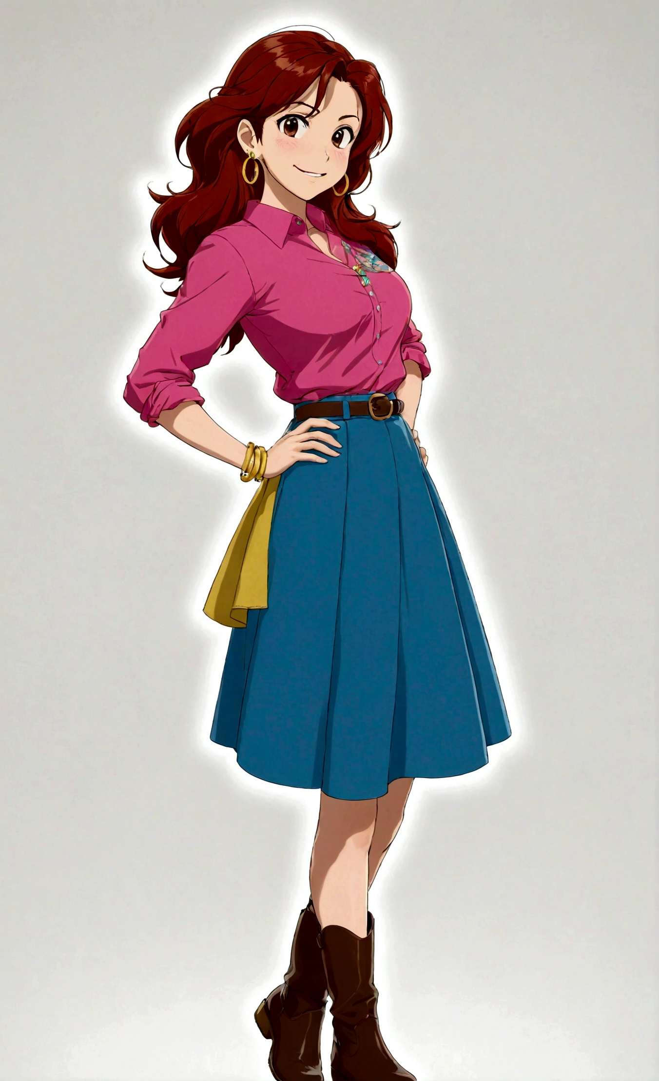 1girl, solo, long hair, breasts, looking at viewer, smile, skirt, simple background, brown hair, shirt, long sleeves, white background, jewelry, standing, full body, earrings, boots, blue skirt, brown footwear, arms behind back, pink shirt, long skirt