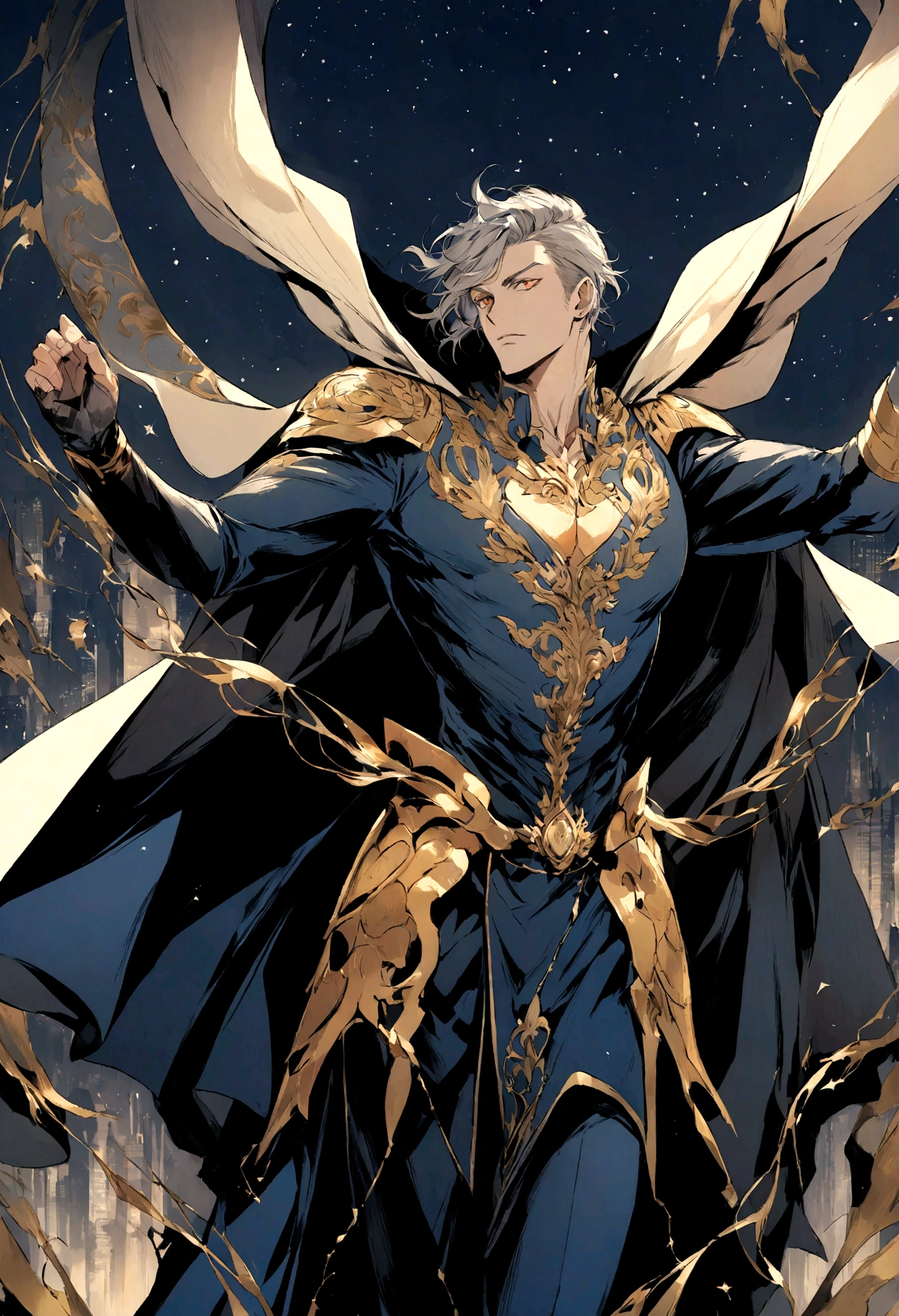Create an illustration of a strong and charismatic male superhero. He has an athletic and proportional body, wearing an attractive and functional superhero costume. The costume can feature striking colors like red, blue, or black, with gold or silver accents to convey elegance and bravery. He has short, neatly styled hair and sharp, bold eyes. Include elements such as a cape, an emblem on his chest, and other accessories fitting the superhero theme. The background could be a modern cityscape or a starry night sky, creating an epic and heroic atmosphere. Ensure this illustration portrays the male superhero in a dynamic and spirited pose, showcasing his incredible strength and courage.