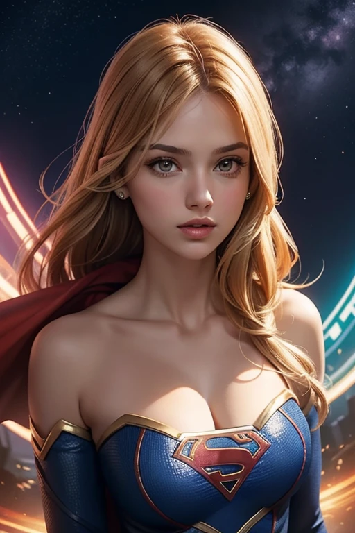 Supergirl from DC Comics,Upper body shot,big breasts,exposed cleavage,sexy provacative pose, Masterpiece, Best quality, abstracted, Psychedelic, neonlight, (honeycomb pattern), (Creative:1.3), Sy3, SMM, Fantasy00d