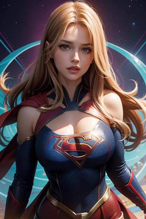 Supergirl from DC Comics,Upper body shot,big breasts,exposed cleavage,sexy provacative pose,  Masterpiece, Best quality, abstracted, Psychedelic, neonlight, (honeycomb pattern), (Creative:1.3), Sy3, SMM, Fantasy00d