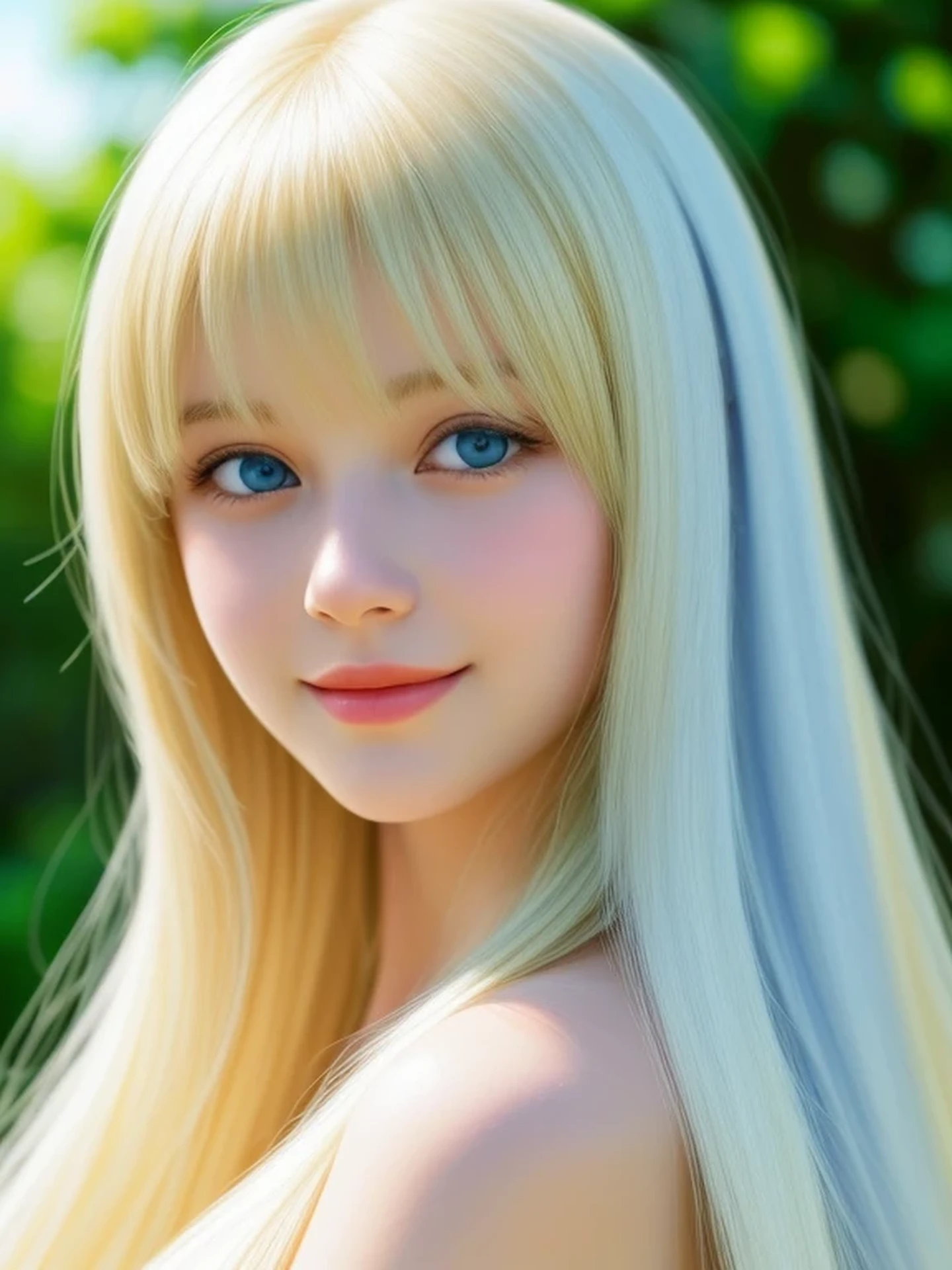 (looking away:1.2), Realistic digital painting of a woman portrait, Shy, Cute Smile, blue eyes, (medium Hair:1.1), bangs, (Soft silky Blonde Hair:1.3), (Highly detailed skin:1.2), Mystical style, Global Illumination,