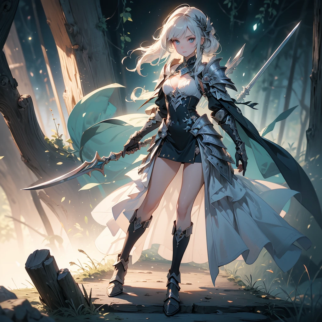 (((masterpiece, best quality, high detailed, 8k))) Design a layout showcase Gaming character, (1girl). Silver|Blue clothes, stylish and unique. ((showcase weapon:1.4)), mystic staff. (masterpiece:1.2), (best quality), 4k, ultra-detailed. (Step by step design, layout art:1.5), (luminous lighting, atmospheric lighting). celestial sorceress, ((glove full hands)), (((revealing clothes:1.3))), vambraces, armored legwear, (((full_body_shot:1.4))). {In an enchanted forest}.