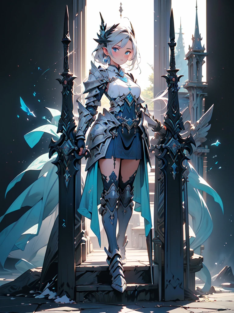 (((masterpiece, best quality, high detailed, 8k))) Design a layout showcase Gaming character, (1girl). Silver|Blue clothes, stylish and unique. ((showcase weapon:1.4)), mystic staff. (masterpiece:1.2), (best quality), 4k, ultra-detailed. (Step by step design, layout art:1.5), (luminous lighting, atmospheric lighting). celestial sorceress, ((glove full hands)), (((revealing clothes:1.3))), vambraces, armored legwear, (((full_body_shot:1.4))). {In an enchanted forest}.
