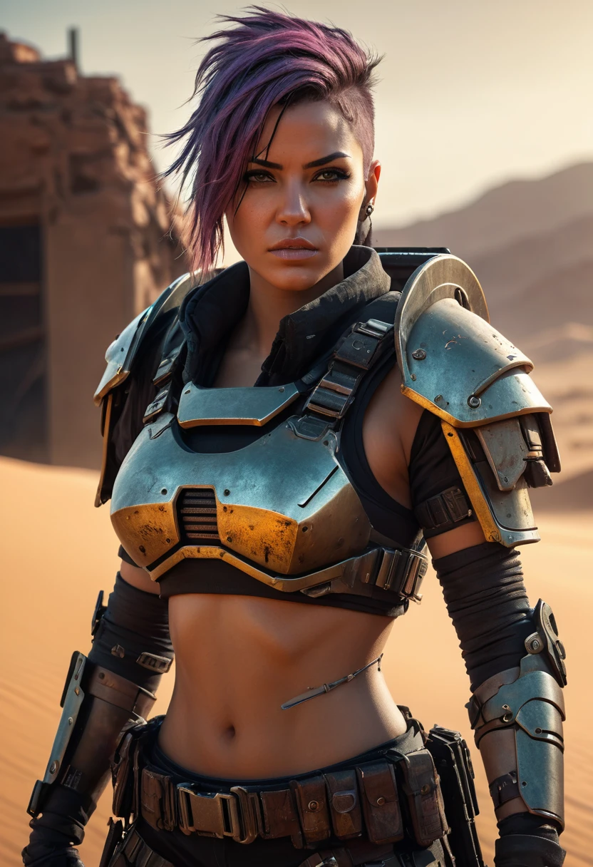 a post-apocalyptic female warrior, detailed cyberpunk armor, scifi weapon, gritty desert environment, dramatic lighting, highly detailed, cinematic composition, moody color palette, (best quality,4k,8k,highres,masterpiece:1.2),ultra-detailed,(realistic,photorealistic,photo-realistic:1.37)