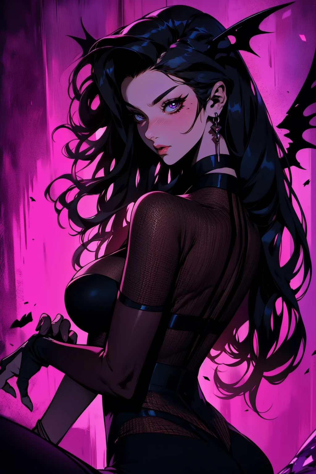 {-erro_de_anatomia:1.0} (best quality,4k,8k,highres,masterpiece:1.2) (masterpiece, top quality, best quality, official art, beautiful and aesthetic: 1.2), (1 woman: 1.3) Succubus girl, long black hair , magenta eyes, (crystal eyes) succubus wings, magenta pant, magenta gloves, attractive, moonlight, dinamic poses, perfect hands (perfect fingers), angry face, dinamicc poses, backwards, looking back