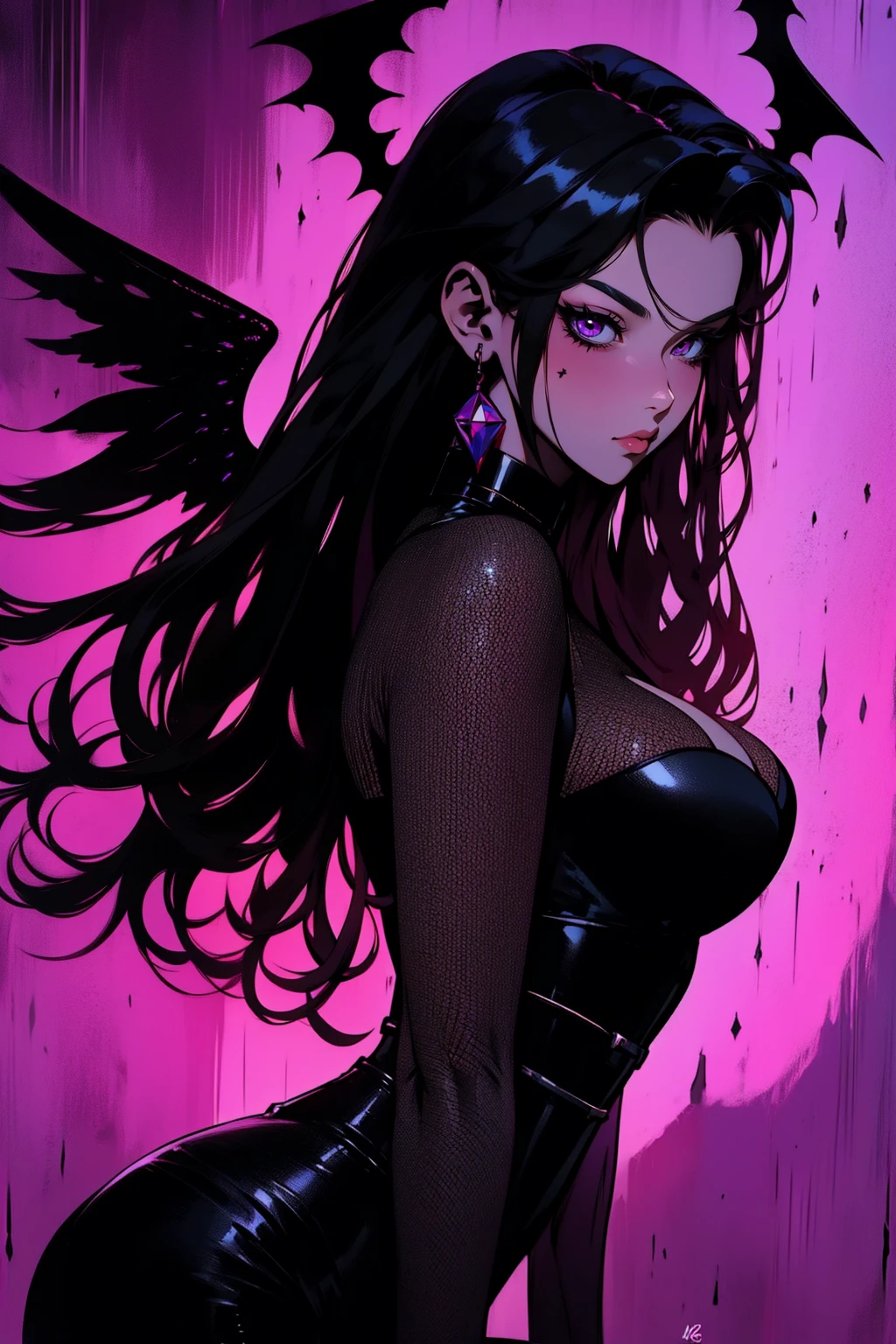 {-erro_de_anatomia:1.0} (best quality,4k,8k,highres,masterpiece:1.2) (masterpiece, top quality, best quality, official art, beautiful and aesthetic: 1.2), (1 woman: 1.3) Succubus girl, long black hair , magenta eyes, (crystal eyes) succubus wings, magenta pant, magenta gloves, attractive, moonlight, dinamic poses, perfect hands (perfect fingers), angry face, dinamicc poses, backwards, looking back