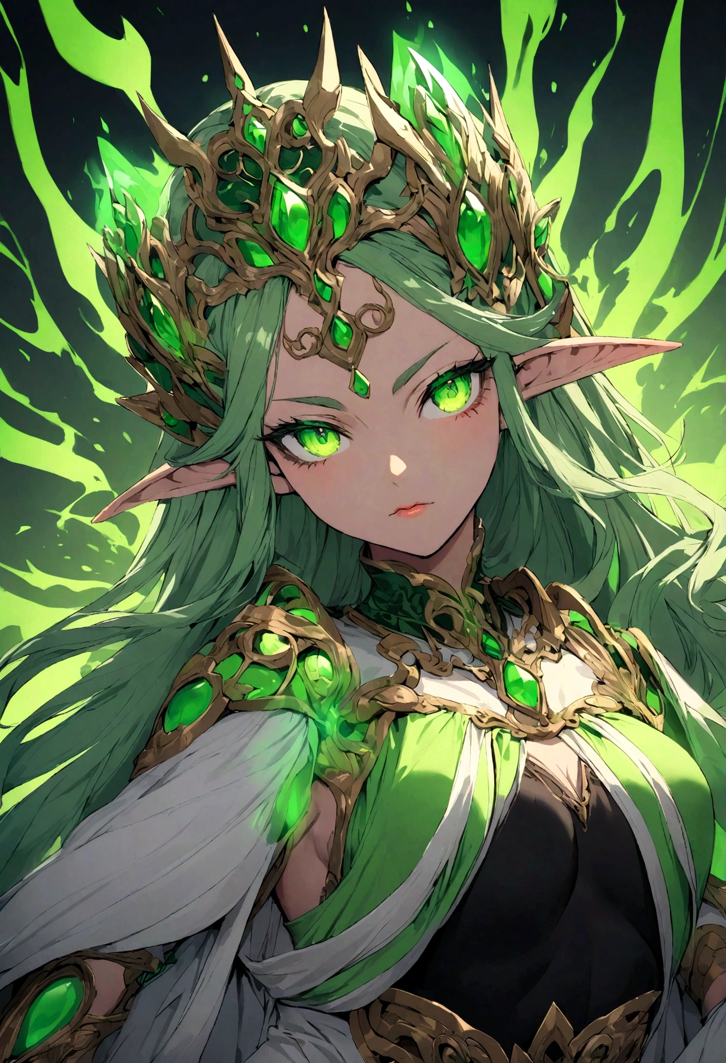 sprit of the wind creature with a lot of chains and a beautiful face, a lot of wings, green color