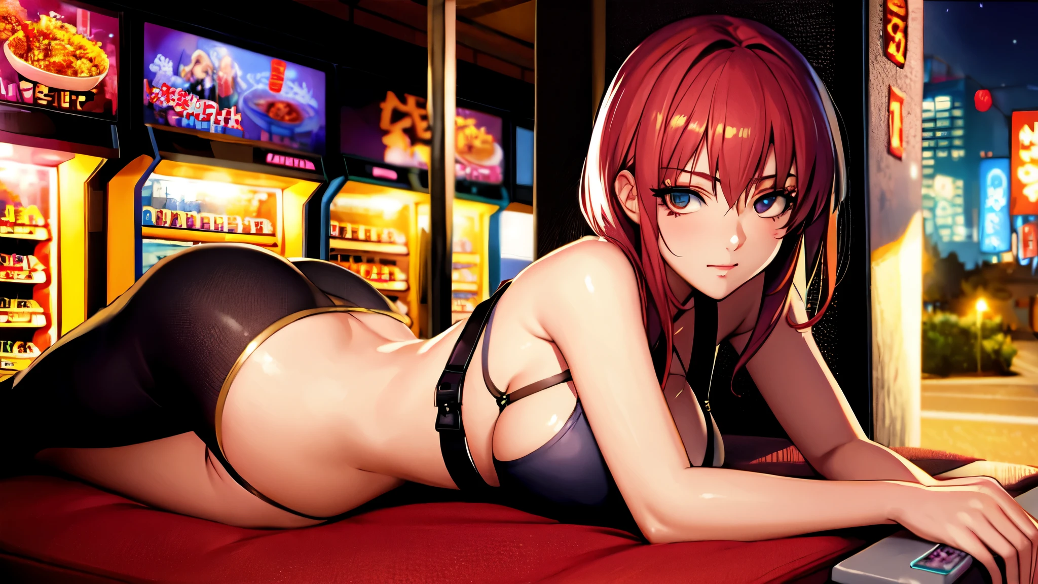 photo cute anime grirl, cute, close up, entire, drawing, manga, night, retrowave scene, anime, 16x9, city night, student, arcades, scantily clad girl, photogenic, exhibitionist, 2d, colorful, arcade, a girl in a city, anime characters, anime style, 2d, drawn, not 3d, not realistic, Japanese school girl, perfect anatomy, voluptuous, sexy, beautiful, beautiful proportions, strange clothes, huge breasts, from the waist up, close up, varied scenery , vending machine, ramen restaurant, close-up camera, different angles, anime style, leaning against the wall, cell phone grip, with backpack on the back, long hair, strong makeup, closed scenery, not very wide, detailed, high definition , detailed background, evangelion, naruto, taiho shichauzo, konosuba, sakura, sailor moon, nami, epic, whole body, lying down, back