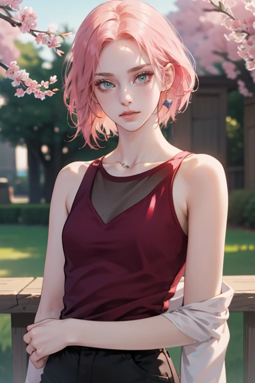 young woman, short shoulder-length pink hair, wide forehead, porcelain skin, pink eyebrows, big emerald green eyes, buttoned nose, full lips, heart-shaped face, slender body, small breasts, red tank top, Sakura Haruno , realistic, realism, details, 3d, well detailed