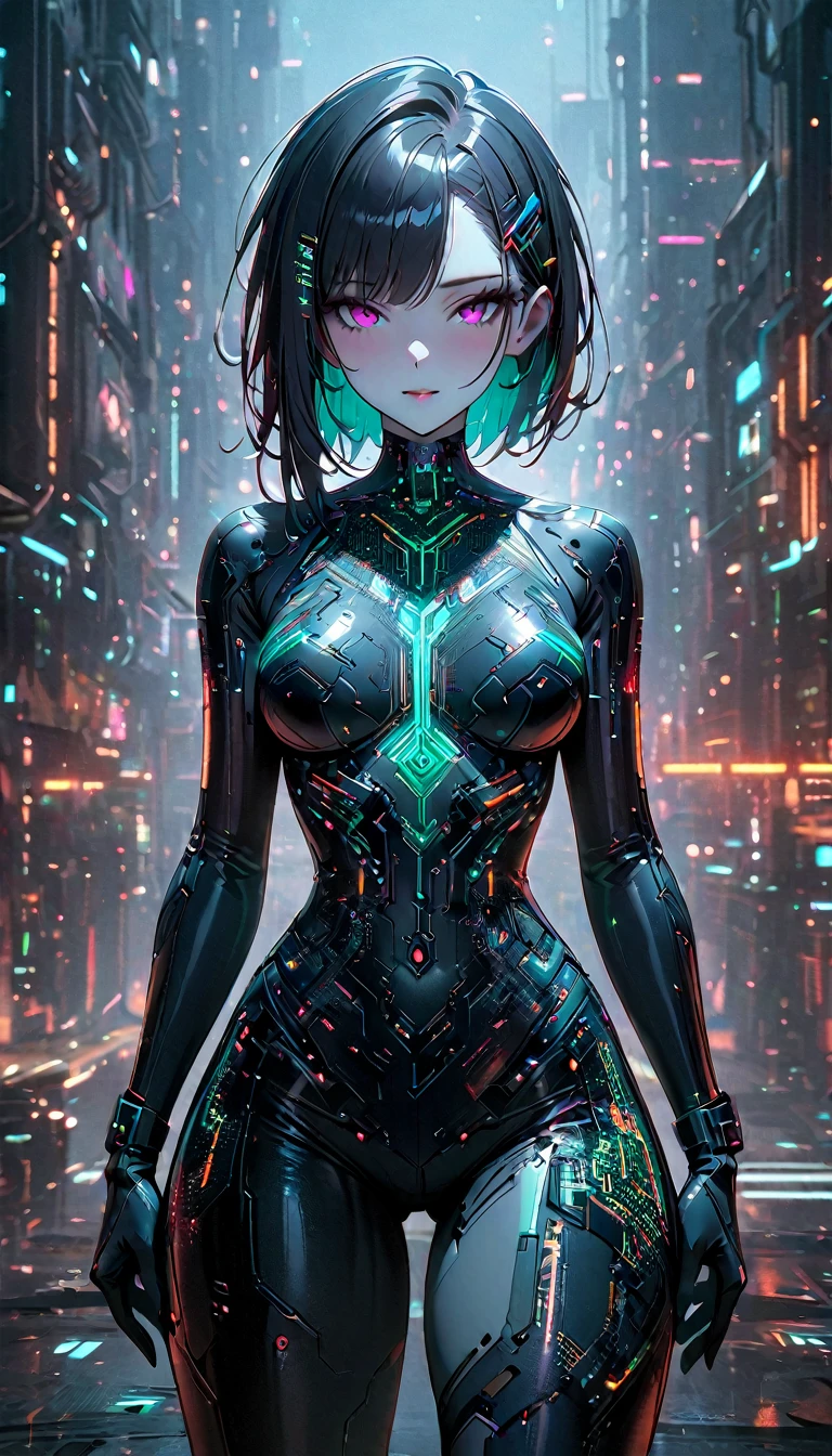 beautiful cyberpunk girl wearing a Futuristic hairpin, (Delicate skin), Pale skin, in a deep neckline, highly detailed sexy Futuristic cyberpunk underpants , black crop top made of circuit boards, Cybernetics, Japanese words with glitter effect, Beautiful epic work, Futuristic, masterpiece, Sensual, is attractive, group photo