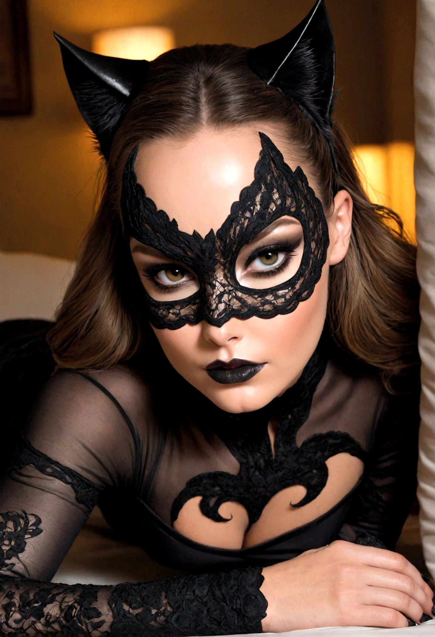 Tori Black lace catwoman heavy black eye shadow long black eyeliner black outfit incredible and fantastic face mask sharp claws posing on a sensual bed fierce expression dark ambience