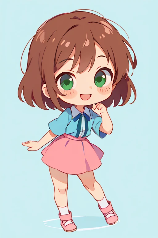 simple chibi style drawing of a cute girl smiling doing a cute pose, wearing a blue blouse and pink skirt, brown hair and green eyes, chibi style full body