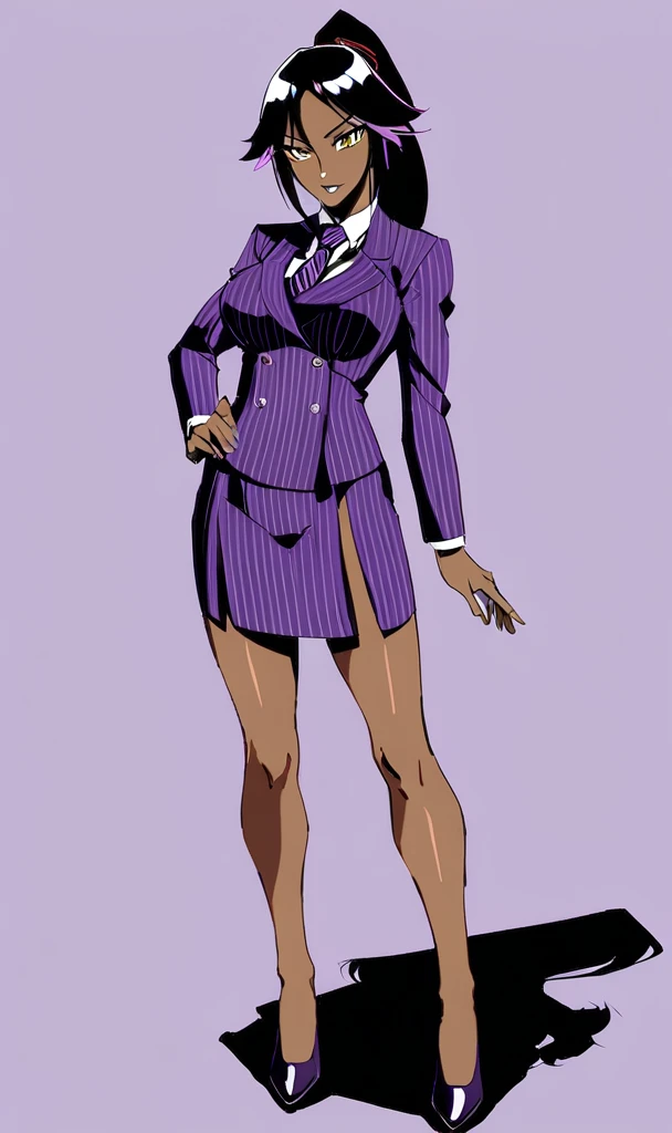 Yoruichi as a thin Black business woman in a double breasted pinstripe purple skirt suit while wearing a tie with a knee long purple pinstripe skirt full body