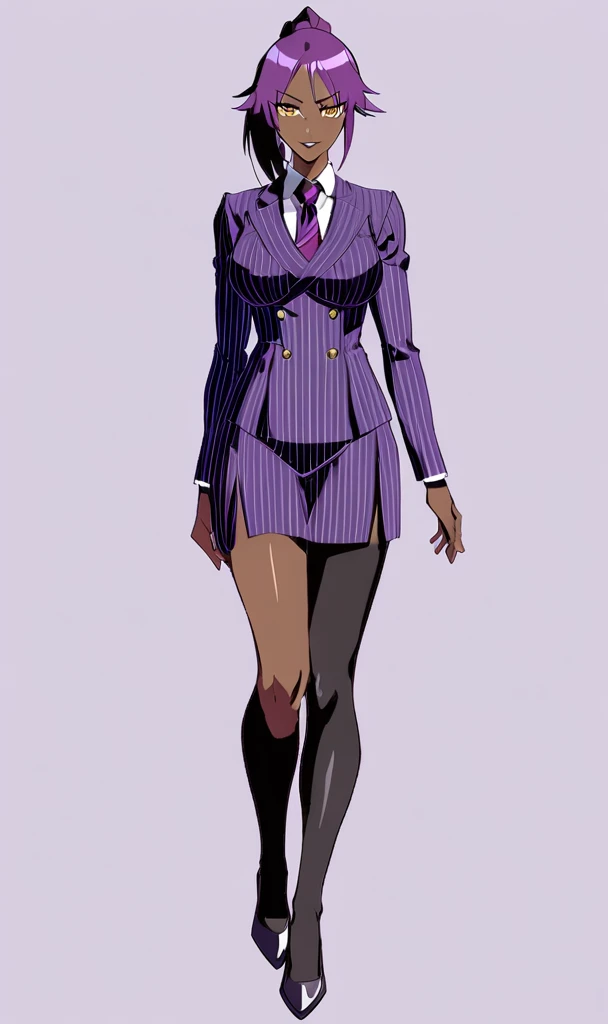  Yoruichi as a thin Black business woman in a double breasted pinstripe purple  skirt suit while wearing a tie with a knee long purple pinstripe skirt full body 
