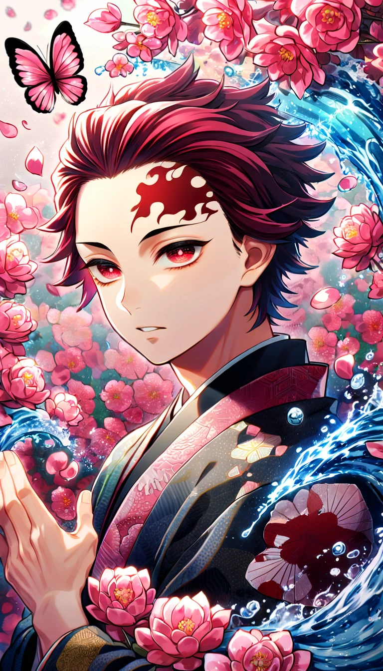 absurdres, highres, ultra detailed, HDR, master piece, best quality, Kamado Tanjiro, red burgundy hair, hair ruffled back, expressive red eyes, kimetsu no yaiba, solo, man, handsome, red mark on the forehead, black kimono, patterns, water, pink flowers, pink blossoms, pink butterflies, pink petals