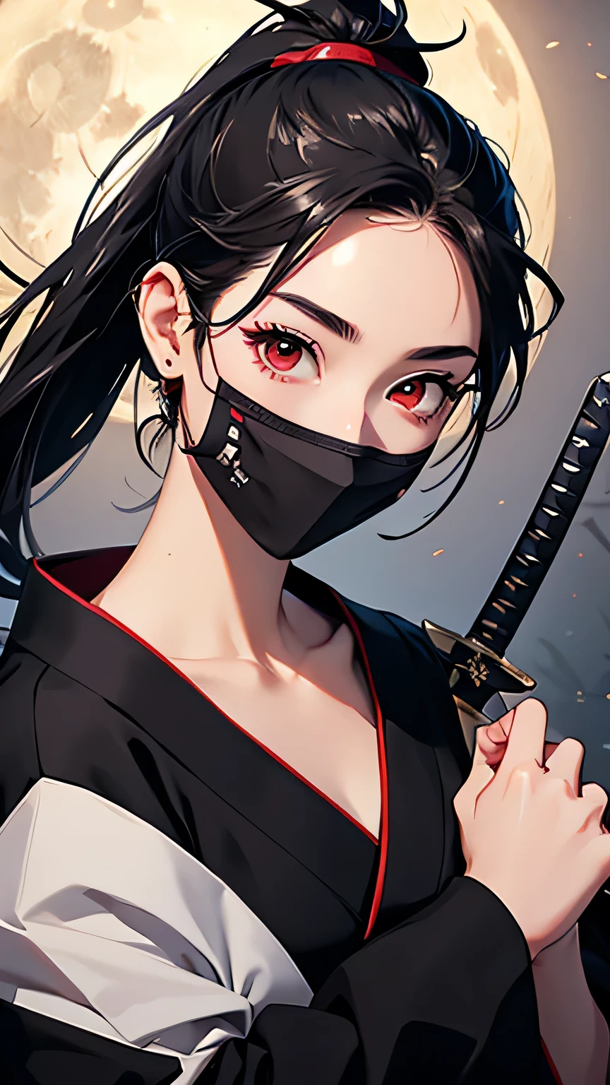 highest quality、Realistic、Women、Japanese、night、full moon、moonlight、zoom、cute、Full make-up、Black Hair、Red eyes、ponytail、Ninja、Shinobi costume、Black Mask、Hold the sword、Grim face、Looking down、smile、Bust Shot、