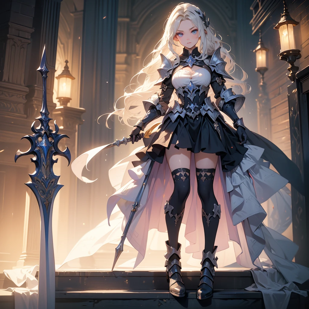 (((masterpiece, best quality, high detailed, 8k))) Design a layout showcase Gaming character, (1girl). Purple|Gold clothes, stylish and unique. ((showcase weapon:1.4)), arcane orb. (masterpiece:1.2), (best quality), 4k, ultra-detailed. (Step by step design, layout art:1.5), (luminous lighting, atmospheric lighting). arcane mage, ((glove full hands)), (((revealing clothes:1.3))), vambraces, armored legwear, (((full_body_shot:1.4))). {In a mystical library}.