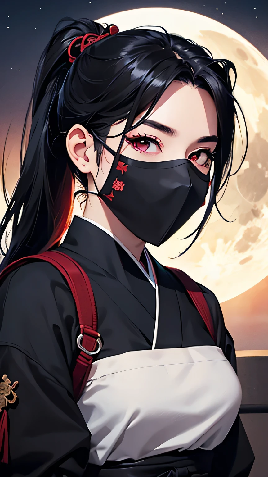 highest quality、Realistic、Women、Japanese、night、full moon、moonlight、zoom、cute、Full make-up、Black Hair、Red eyes、ponytail、Ninja、Shinobi costume、Black Mask、Hold the sword、Grim face、Looking down、smile、Bust Shot、