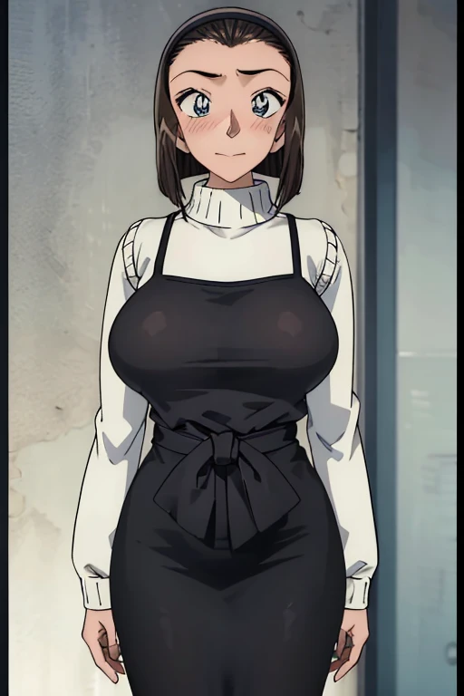 masterpiece, 16k, Japanese, 1 female ,60 years old ,(((White long sleeve warp knit sweater:1.5,Wear a black 2-corner camisole long dress:1.2))) ,shoulder strap、(Big Breasts:1.5) , Realistic, double eyelid, Textured skin, 1080p, Canon, 8k, Very detailed, Accurate, highest quality、impatience、Sweat:1.5、blush、Embarrassed face、smile、(Tight waist、Big Ass)