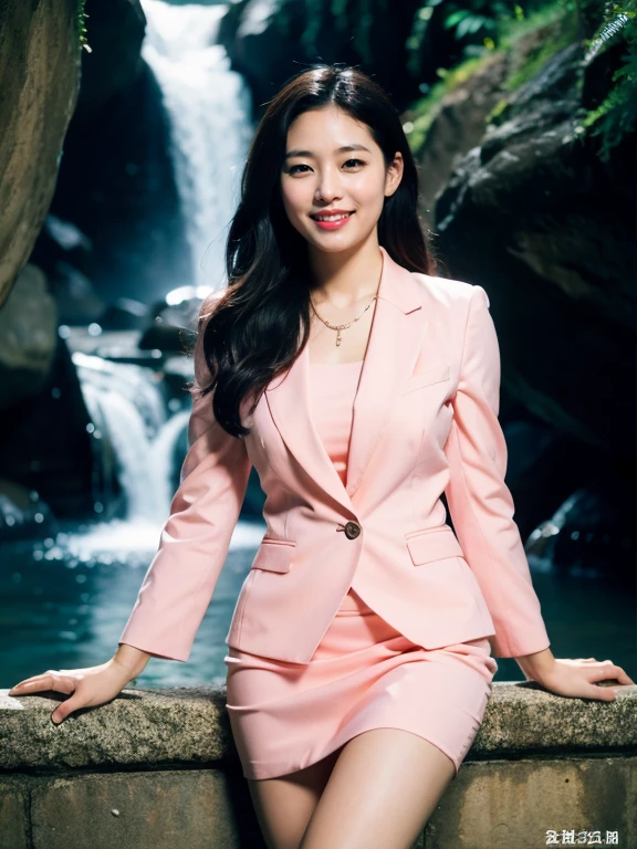 (RAW Photos:1.2), (Realistic:1.4),Beautiful detailed woman,非常にfine grainと顔, fine grain, Very detailed,High resolution, Very detailed,highest quality,Raise awareness,Unified,8k wallpaper,masterpiece,highest quality,1 female,alone,rich,Whole Body Ezbian,(A little thick:0.9),Toned figure,,Tight waist,alone,(Pink one piece suit,mini skirt,High heels),Jewelry Necklace,Medium Long Hair,A kind smile,A dignified atmosphere,black eye,Realistic,At the waterfall