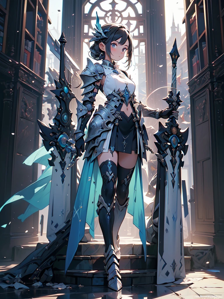 (((masterpiece, best quality, high detailed, 8k))) Design a layout showcase Gaming character, (1girl). Purple|Gold clothes, stylish and unique. ((showcase weapon:1.4)), arcane orb. (masterpiece:1.2), (best quality), 4k, ultra-detailed. (Step by step design, layout art:1.5), (luminous lighting, atmospheric lighting). arcane mage, ((glove full hands)), (((revealing clothes:1.3))), vambraces, armored legwear, (((full_body_shot:1.4))). {In a mystical library}.