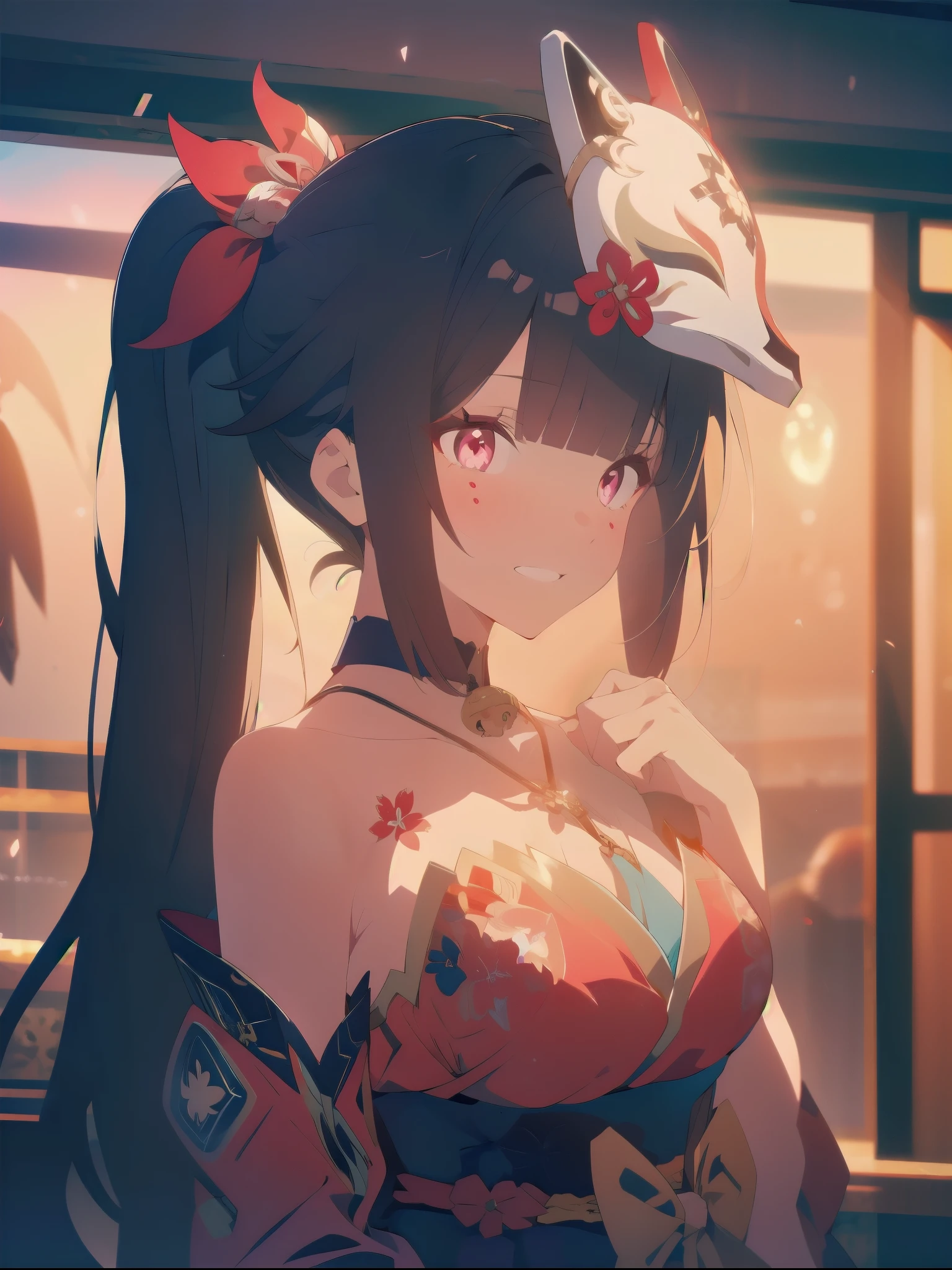 masterpiece, high quality, 1 Girl, amazing, sparklehsr, evil, threaten, Glowing eyes, Yandere, Face hug, Large Breasts,Red and gold-rimmed kimono, O-Ring Halter, Hair accessories, well drawn hands, finger, karate, thumb, Moles under the eyes, Red string, Flower Tattoo, Neck Bell, Red fox mask on head, Butterfly-shaped pupils, Brown gradient hair, Ominous red lights, scary, Grin, lily,