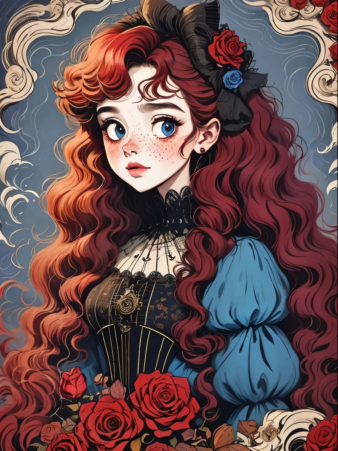 (best quality,masterpiece:1.2,detailed details,4k),(girl, wavy long hair,Red hair,big ear,big eyes,small freckles,exaggerated expression,),(roses,Gothic),(vaporwave,transpiration,gas,steampunk gothic victorian style), deep emotions, enthusiasm, red,black,blue, Rose background, blue smoke background,Smoke lines,Devour