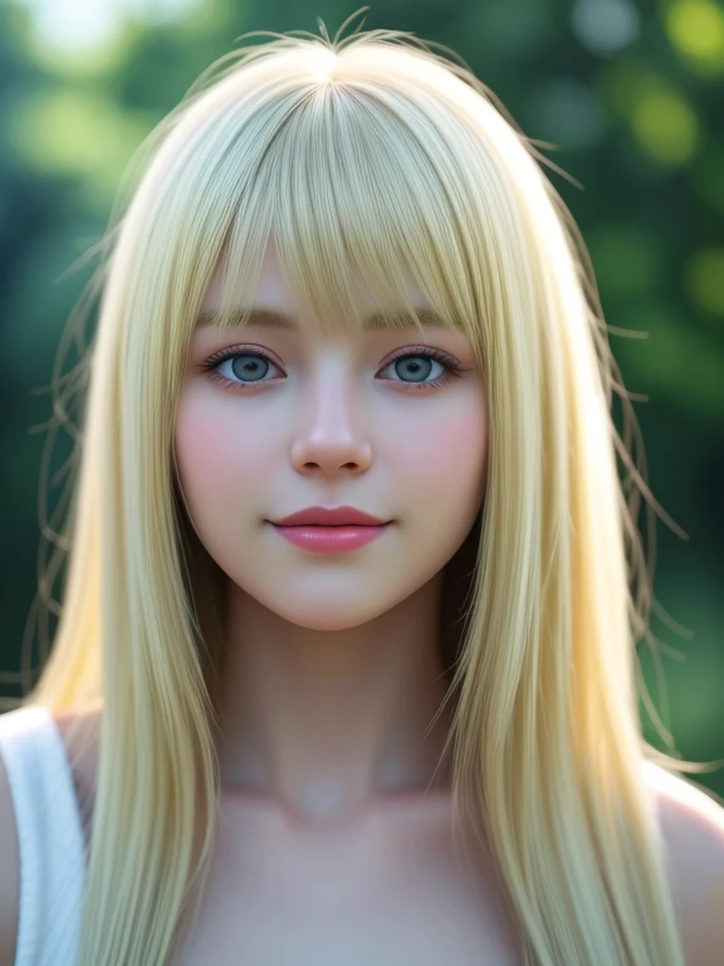 (looking away:1.2), Realistic digital painting of a woman portrait, Shy,  Cute Smile, blue eyes, (medium Hair:1.1), bangs, (Soft Blonde Hair:1.3), (Highly detailed skin:1.2), Mystical style, Global Illumination,