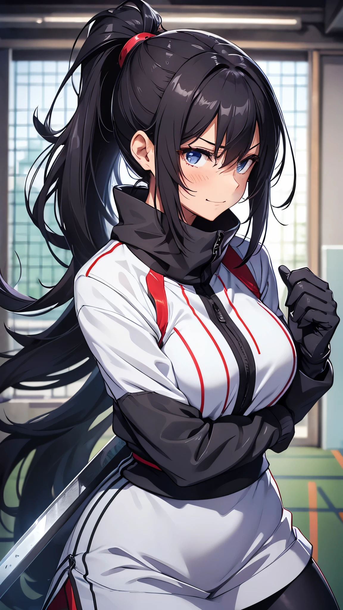 Many people around her are angry,a woman with a brown ponytail hair,ninja,wearing a maxi length jersey jacket and jersey pants,sneaker,holding a katana and a long sword, ((blush,flustered,embarrassed,disconcerted,grin,touching nose,she’s trying to hide failures,she’s laughing and cheating)).