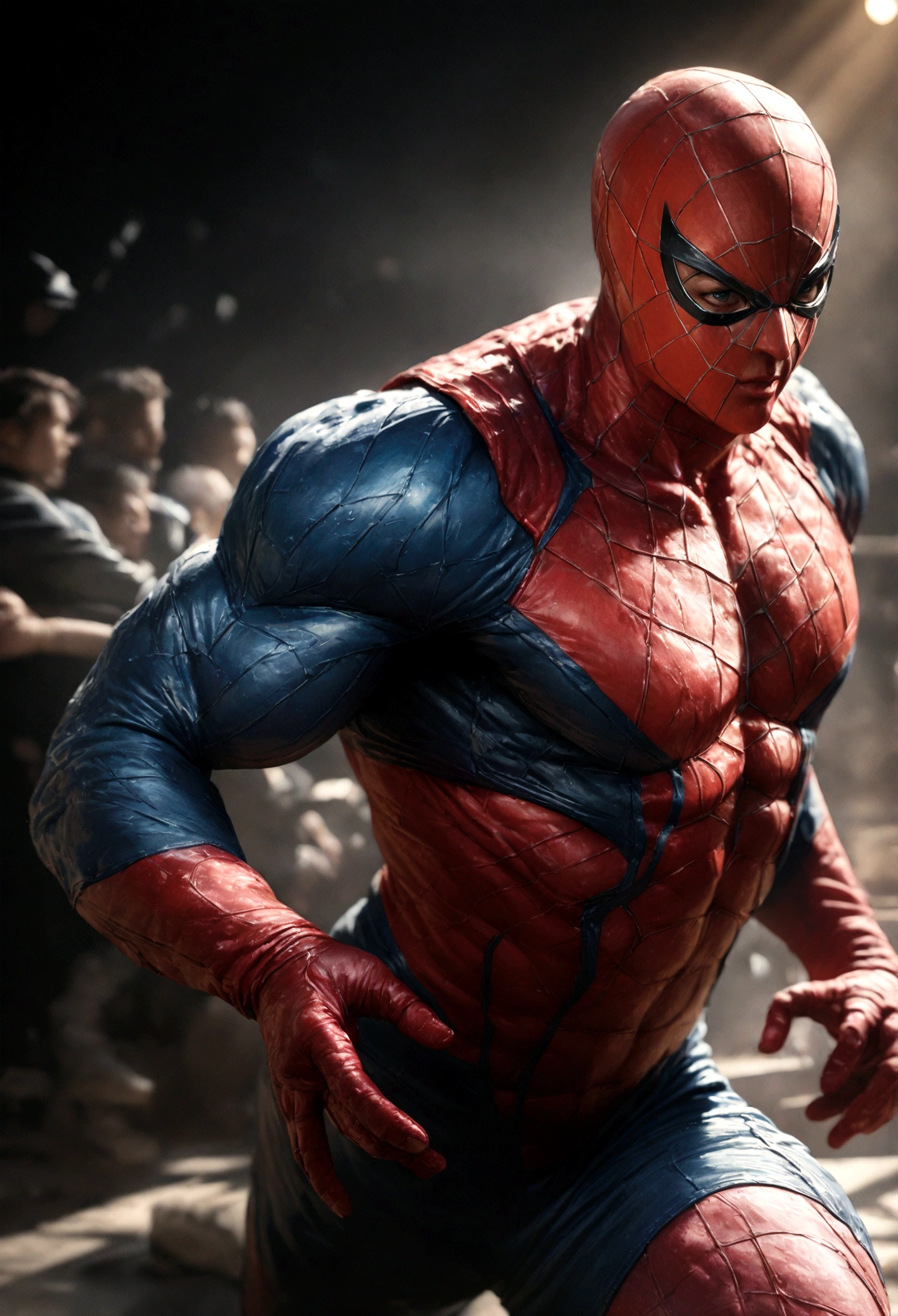 a muscular man in a red and blue spiderman suit, highly detailed, hyperrealistic, dynamic motion, textured, saturated colors, dramatic lighting, wearing a jacket over the suit, photorealistic, 8k, best quality, (realistic:1.4), (photorealistic:1.4), masterpiece, cinematic, studio lighting, physically-based rendering, extreme detail
