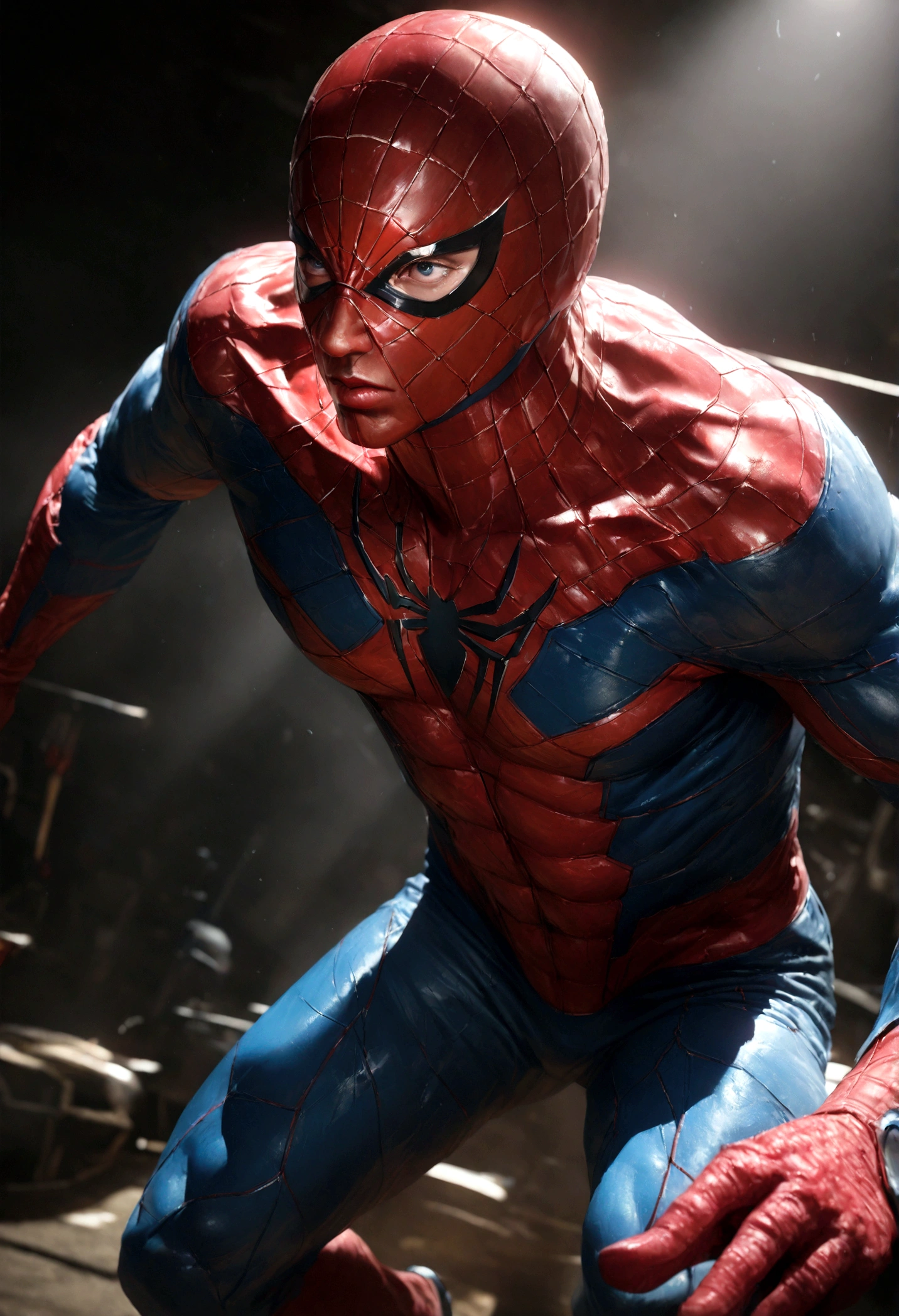 a muscular man in a red and blue spiderman suit, highly detailed, hyperrealistic, dynamic motion, textured, saturated colors, dramatic lighting, wearing a jacket over the suit, photorealistic, 8k, best quality, (realistic:1.4), (photorealistic:1.4), masterpiece, cinematic, studio lighting, physically-based rendering, extreme detail