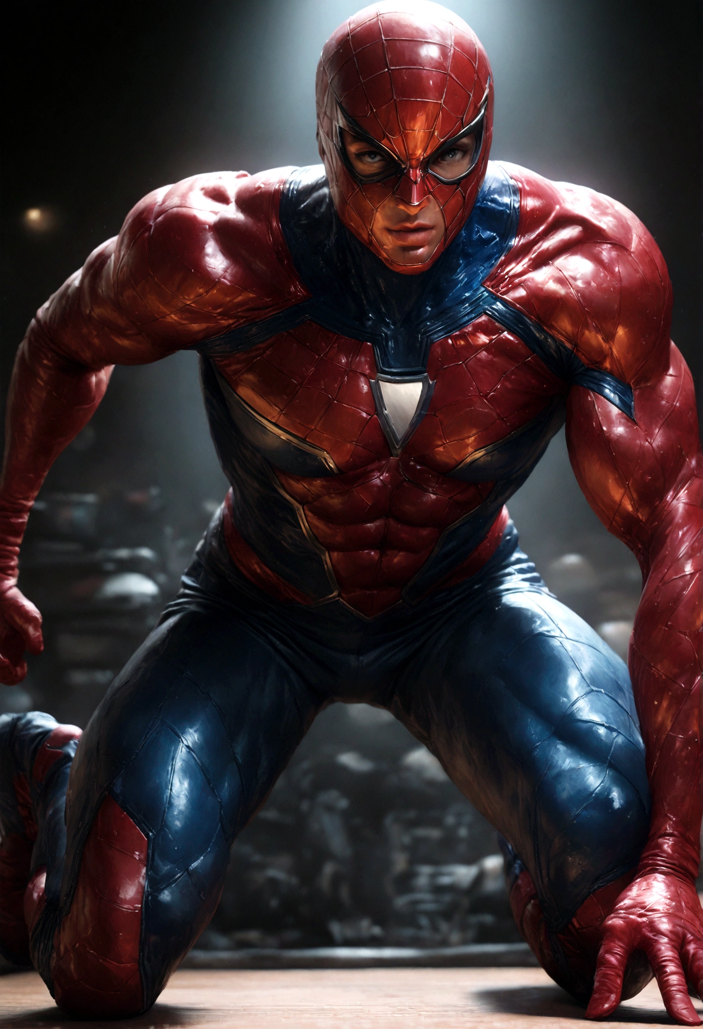 a muscular man in a red and blue spiderman suit, highly detailed, hyperrealistic, dynamic motion, textured, saturated colors, dramatic lighting, wearing a jacket over the suit, photorealistic, 8k, best quality, (realistic:1.4), (photorealistic:1.4), masterpiece, cinematic, studio lighting, physically-based rendering, extreme detail