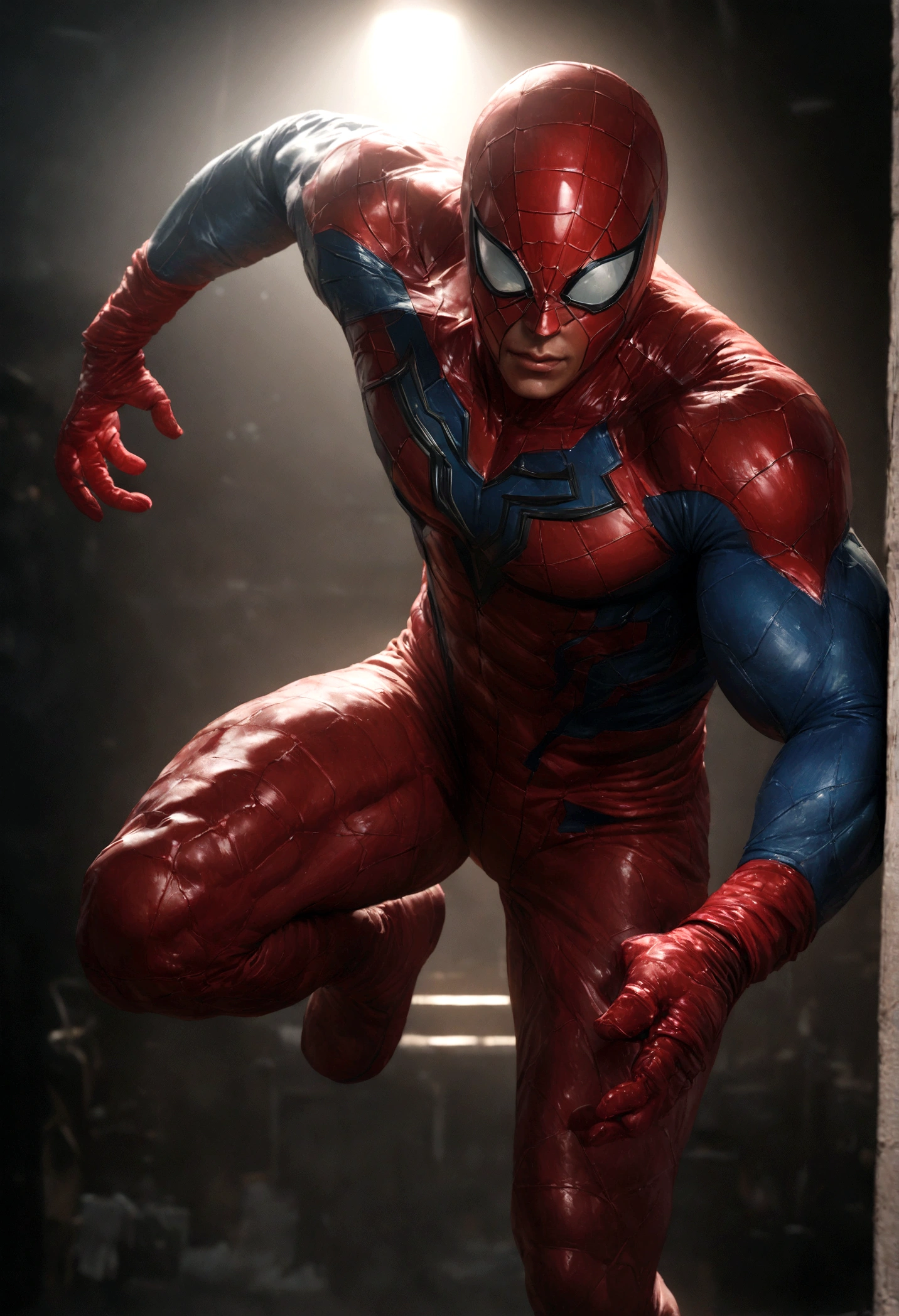 a muscular man in a red and blue spiderman suit, highly detailed, hyperrealistic, dynamic motion, textured, saturated colors, dramatic lighting, wearing a jacket over the suit, photorealistic, 8k, best quality, (realistic:1.4), (photorealistic:1.4), masterpiece, cinematic, studio lighting, physically-based rendering, extreme detail