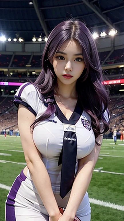 Beautiful girl, purple hair,tie your hair, huge breasts, wearing a tight football uniform, sexy post, in the football stadium.