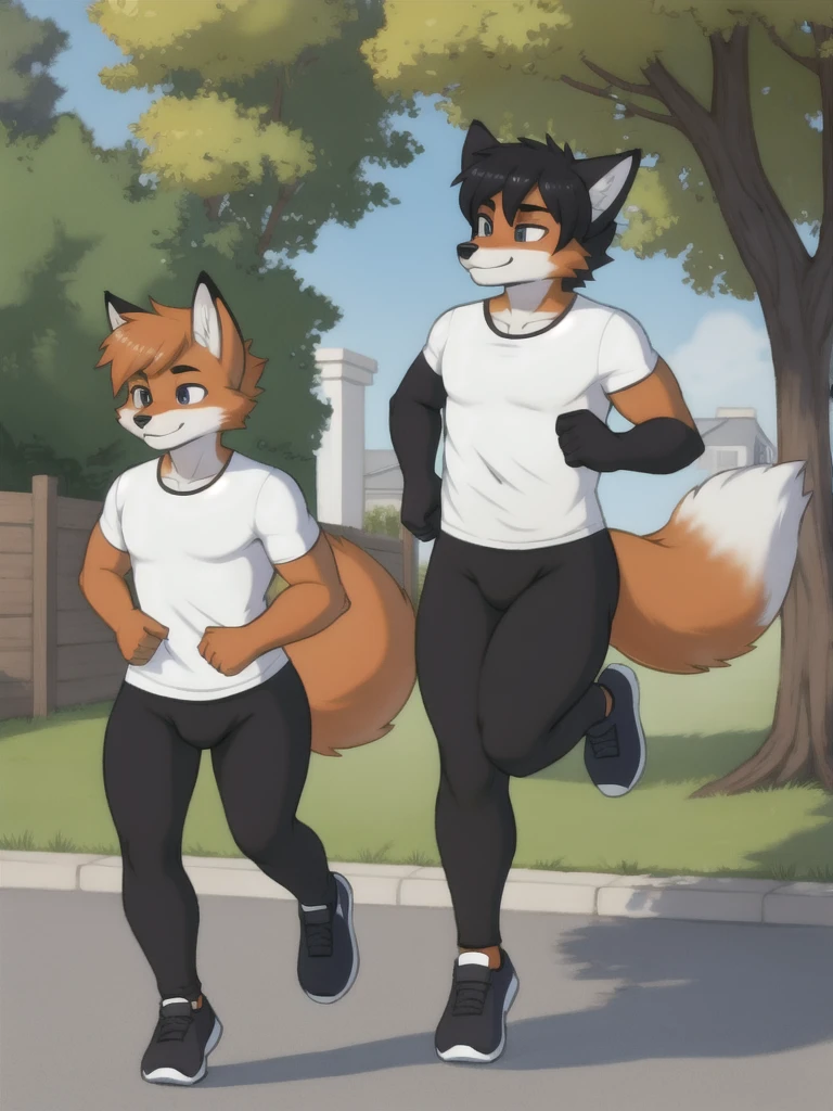Furry, fox, male, twins, black leggings, white shirt, jogging outside the house, teen