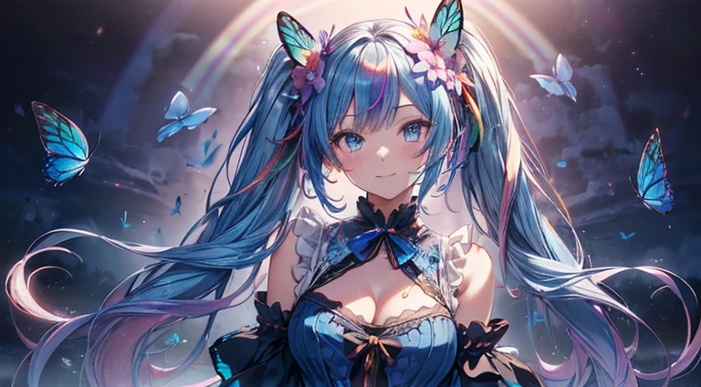(masutepiece:1.3), (8K, Photorealistic, Raw photo, Best Quality: 1.4), Beautiful face, (Realistic face), Beautiful detailed eyes, (Realistic skin), Attractive, Intricate details,Golden ratio,  1 girl,Naughty smile, (rainbow hair:1.4),((Long twintails,Ribbon 1.4)),Gothic Lolita Fashion,(Blue butterfly hair ornament),off shoulders,cleavage,Dynamic Pose,Dynamic Angle,Intricate details, Hyper realistic, Perfect Anatomy、only face、A smile、Smiling、Face enhancement、Golden light、rainbows、Heaven、angelicales、Deities、Luz Divina(masutepiece:1.3), (8K, Photorealistic, Raw photo, Best Quality: 1.4), Beautiful face, (Realistic face), Beautiful detailed eyes, (Realistic skin), Attractive, Intricate details,Golden ratio, 1 girl,Naughty smile, (rainbow hair:1.4),((Long twintails,Ribbon 1.4)),（looking-down),Dynamic Angle,ultra-detailliert, illustratio, gros-plan, Straight, One girl, (Fantasia:1.4), (azure eyes:1.233),Her eyes shone like dreamy stars,(radiant eyes:1.233) ,(beautiful and delicate eyes:1.1),((+(Bullhair flower:1.14)),(Chiffon dress,Blue floral pattern on uniform)/=(military outfits:1.24),(no sleeves,Wide sleeves),(Fingerless gloves),a choker,(Miko is not),high-heels,(deadpan,Mouth closure),(Standing), (classical Princess boudoir with dressing tableand french windowin a white ancient palaces),(white blossoms、florals),(abyssal),(flowingwater),(a dull blue world tree:1.14),(Ruins),(natta:1.2 ),Dreamy,Seoul,(fluorescent),(Translucent blue butterfly flight:1.15),[[Delicate fingers and hands:0.55]::0.85],(Fine fingers),(yubao:0.5)