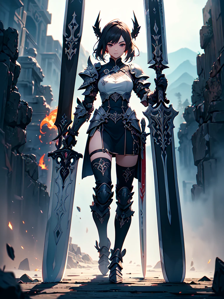 (((masterpiece, best quality, high detailed, 8k))) Design a layout showcase Gaming character, (1girl). Red|Black clothes, stylish and unique. ((showcase weapon:1.4)), fiery sword. (masterpiece:1.2), (best quality), 4k, ultra-detailed. (Step by step design, layout art:1.5), (luminous lighting, atmospheric lighting). fire warrior, ((glove full hands)), (((revealing clothes:1.3))), vambraces, armored legwear, (((full_body_shot:1.4))). {In a volcanic landscape}.