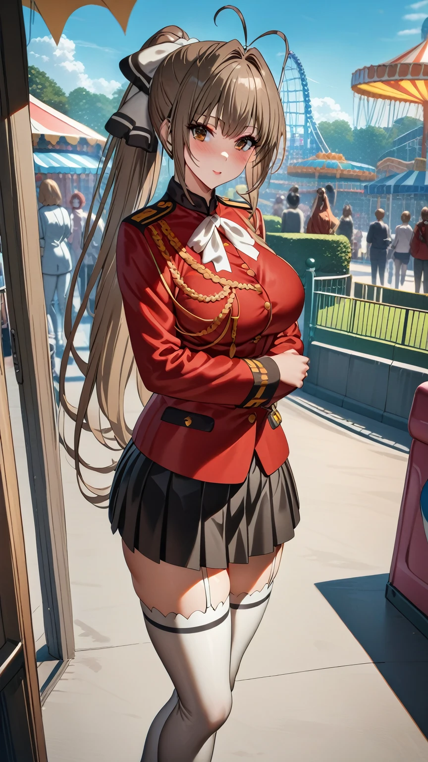 1girl,sento isuzu, brown eyes, brown hair, long hair, ponytail, antenna hair, bangs, hair intakes, hair bow, ribbon,red jacket, long sleeves, black pleated skirt, white thighhighs, uniform, aiguillette,oudoors,amusement park,masterpiece,best quality,ray tracing,photo-realisti ,looking at viewer,large_breasts