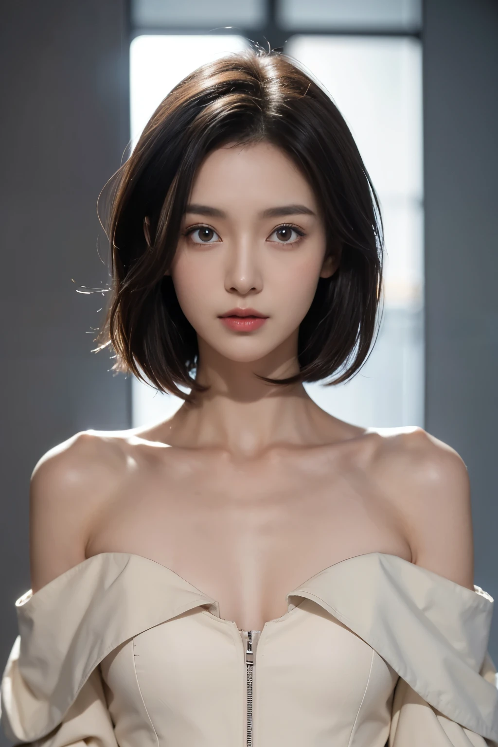 Skinny black top:1.2, looking at the audience, Light, perfect, soft Light, High resolution skin:1.2, Realistic skin texture, 30 years old adult、Small face、No makeup、, Off-shoulder,Bust B cup、 ???? trench coat, Red Eyes, short hair, Dark brown hair,Gray background、