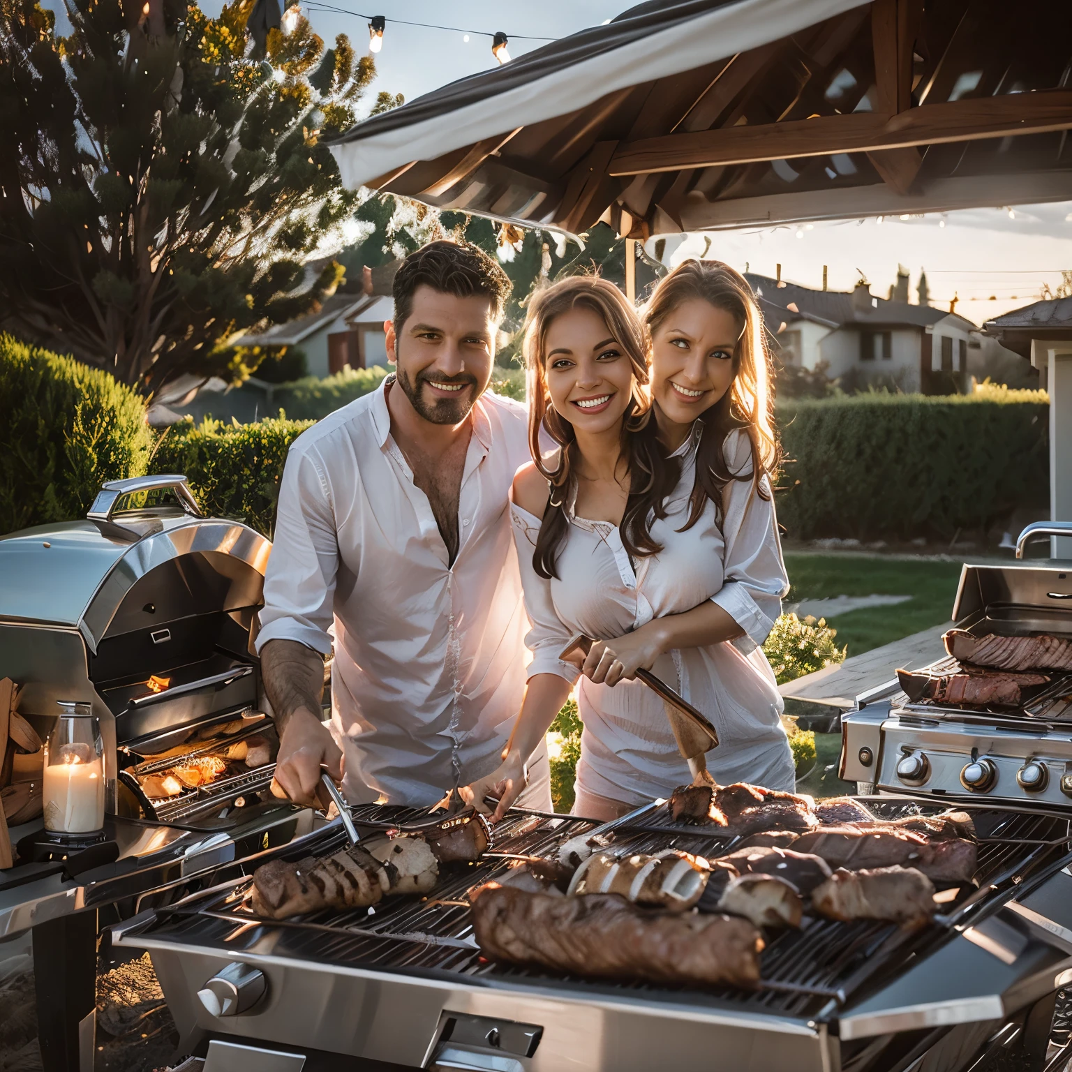 (((2heads))), husband and wife side by side, grilling some meats on an outdoor grill in the backyard of a typical American suburban house, italian, swedish